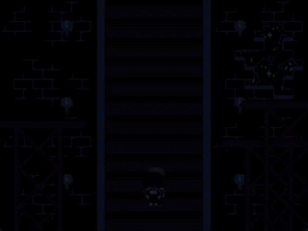 Kris and Susie climb a tall staircase. Holes in the wall provide view into Castle Town from above.
